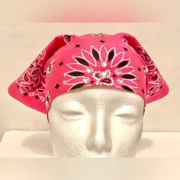 Pink Head Bandana Jeweled Studded Scarf Headpiece - Picture 2 of 6